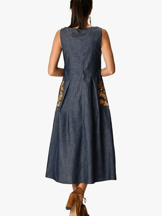eshakti Chambray Sleeveless Midi Dress with Embroidery - Size 16 - Picture 3 of 11